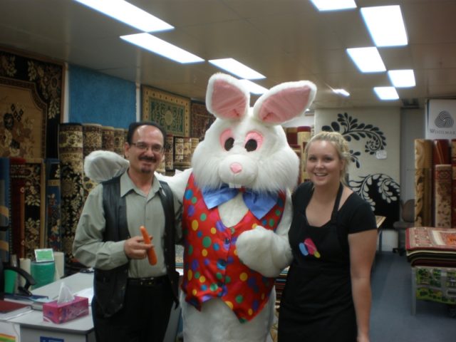 Easter Bunny with the owner of the Centro Dianella Rug Shop